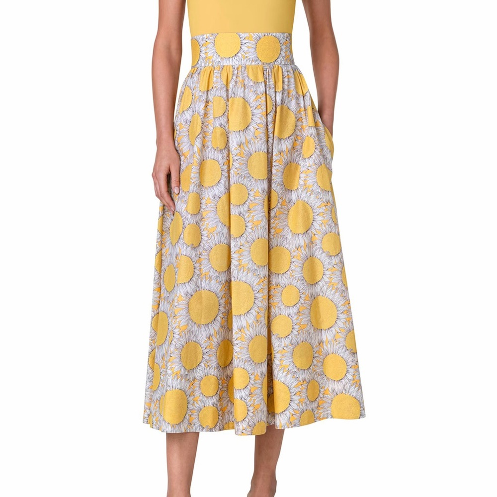 Akris Punto Sunflower Hello Sunshine Midi Skirt Yellow Floral Print Cotton 6